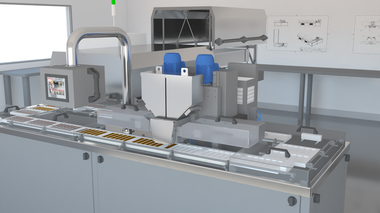 SENAI — Linha de maquinário alimentício. Visualização técnica 3D para formação profissional.
