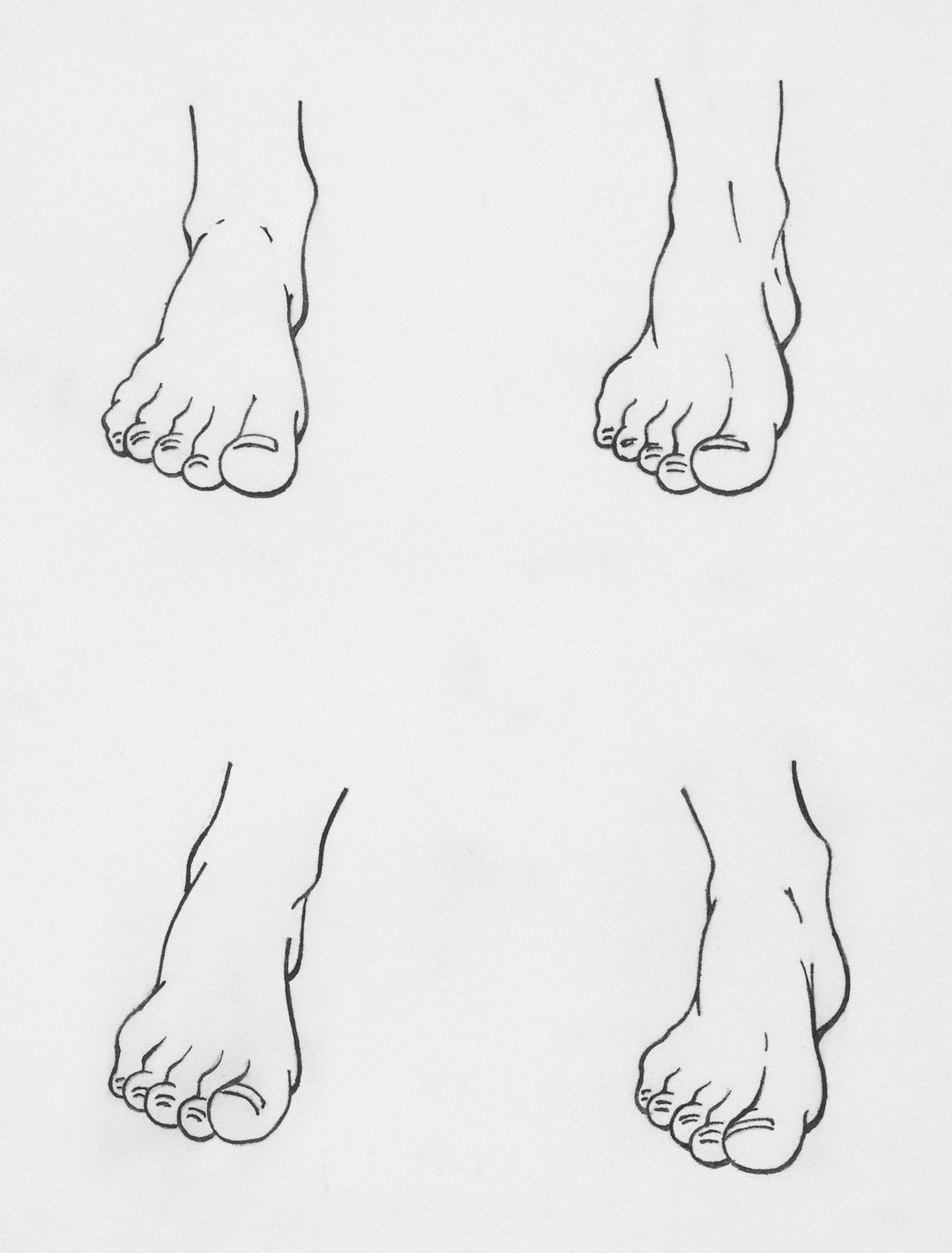 Four detailed line drawings of human feet.