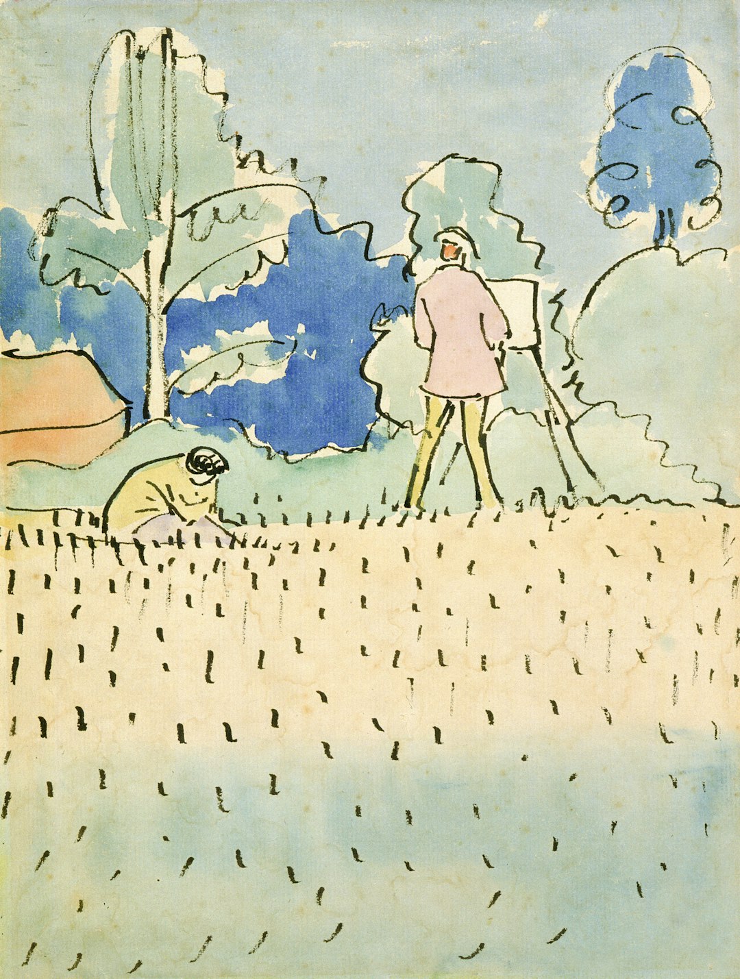 Artist painting outdoors with a person in the field.