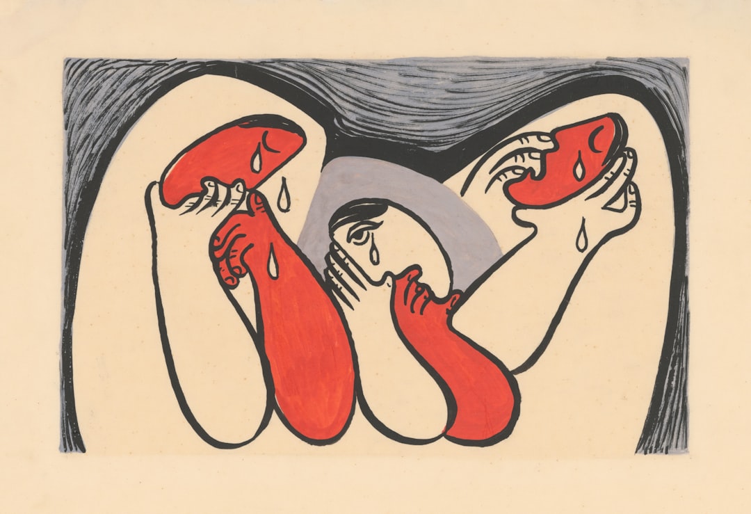 Abstract art depicting crying figures holding red shapes