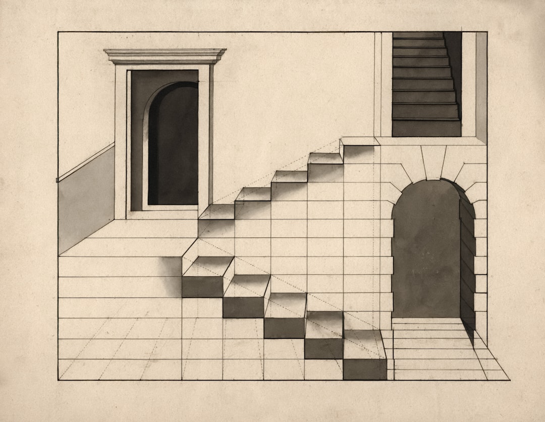An escher-like drawing of impossible stairs and doorways.