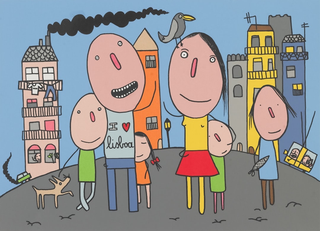 A whimsical family portrait with a cityscape background