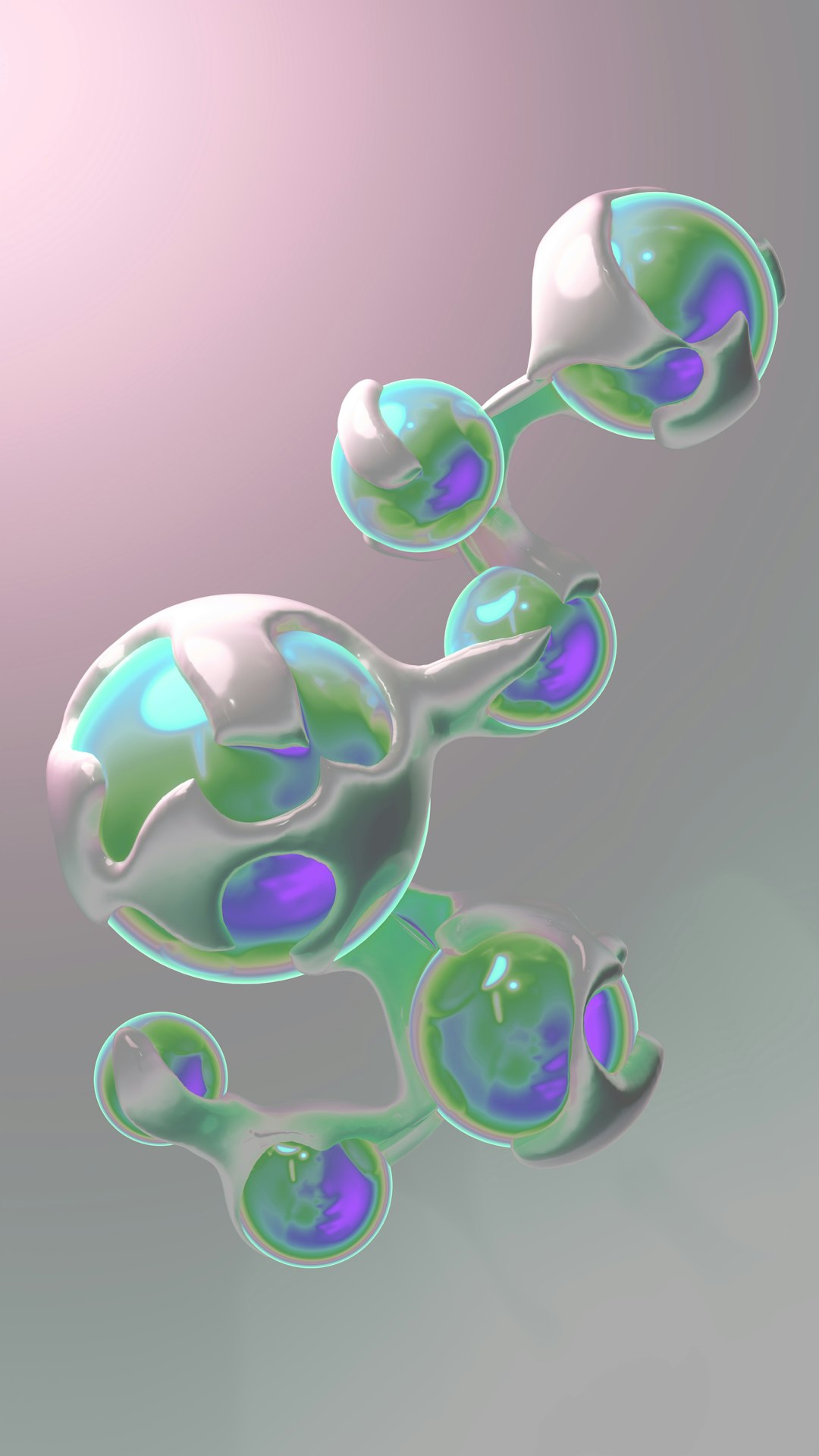 Abstract, iridescent, and connected orbs are floating.