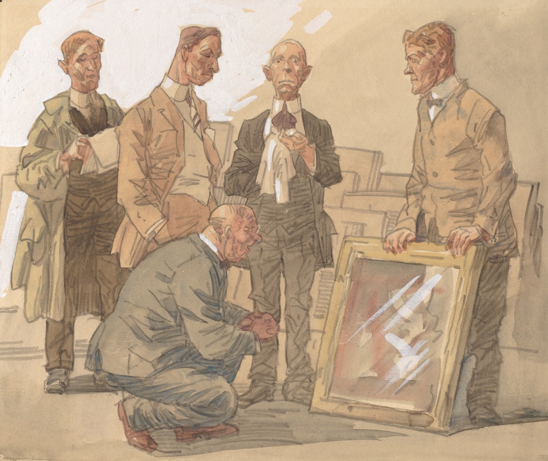 Men examining a framed painting in an art gallery.