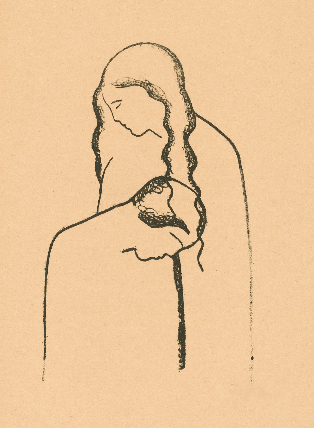Two figures embracing in a simple line drawing.