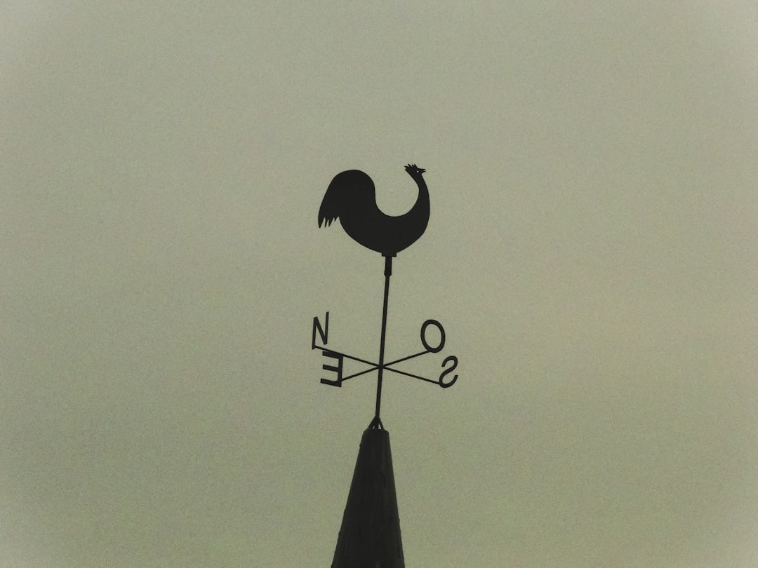 A silhouette of a rooster weather vane on a spire.