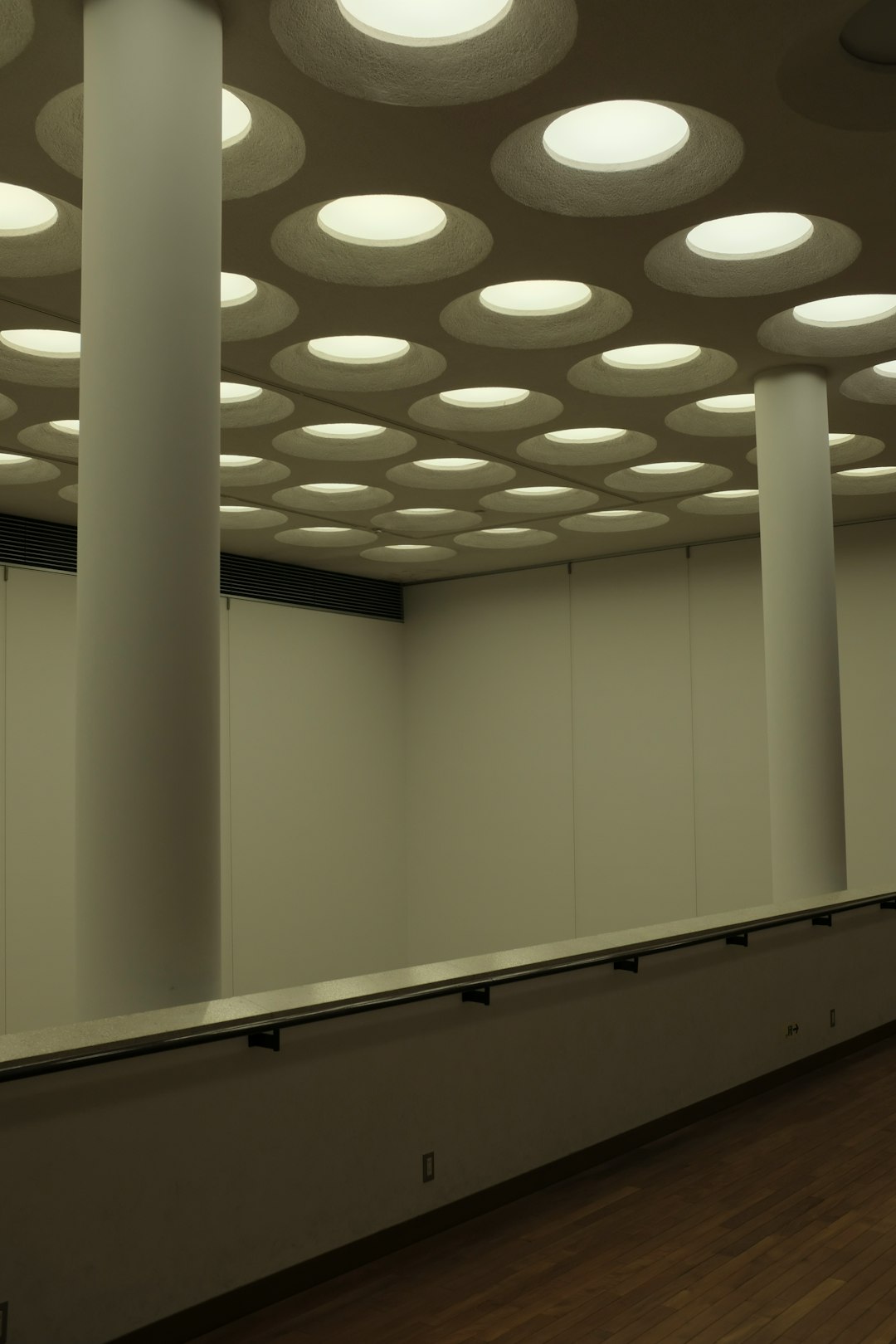 Modern interior with circular ceiling lights and columns