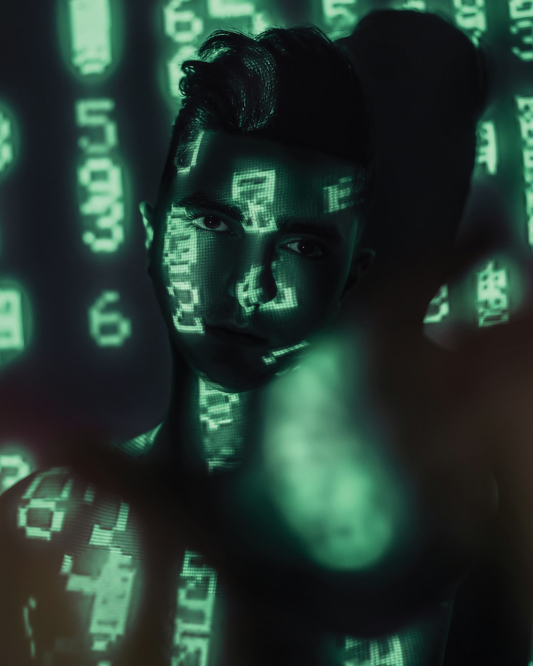 a woman is standing in front of a wall of numbers