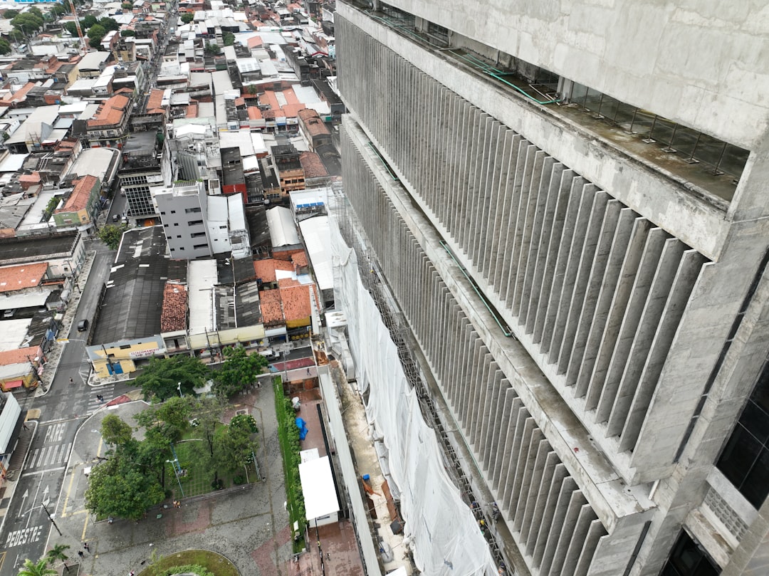 an aerial view of a city from a tall building