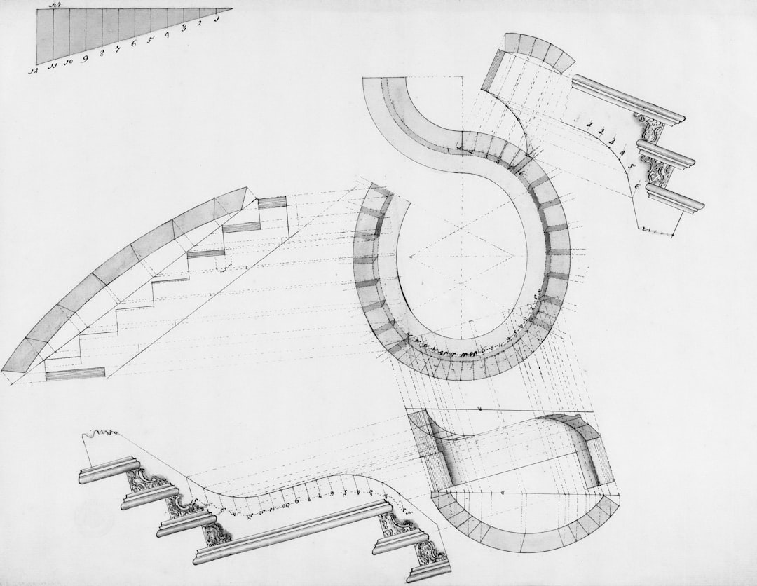 Architectural drawings of curved stairs and structures
