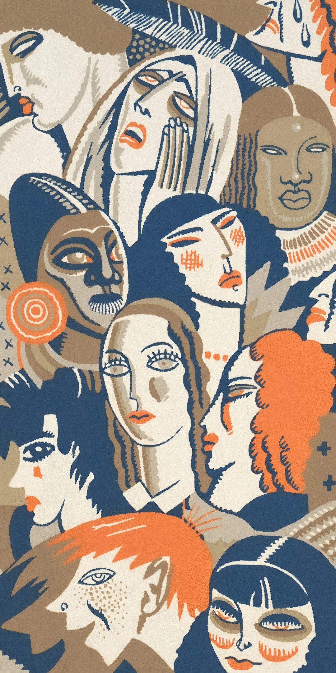 Stylized group portrait of diverse faces with bold lines.