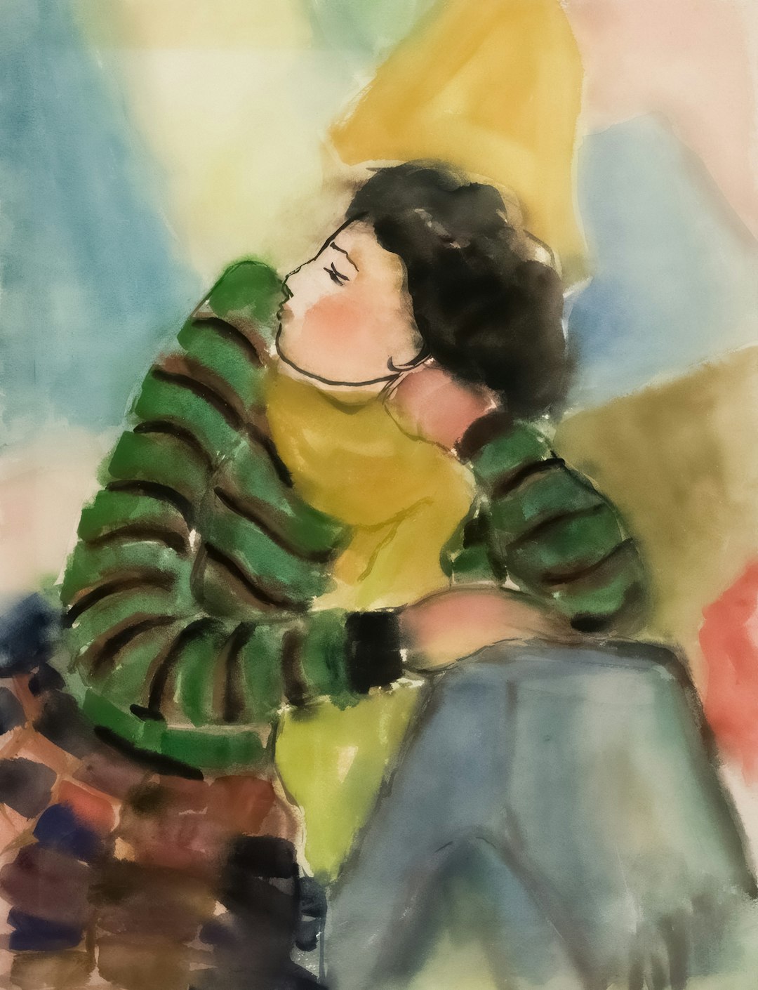 A person in a striped sweater leans on their hand.