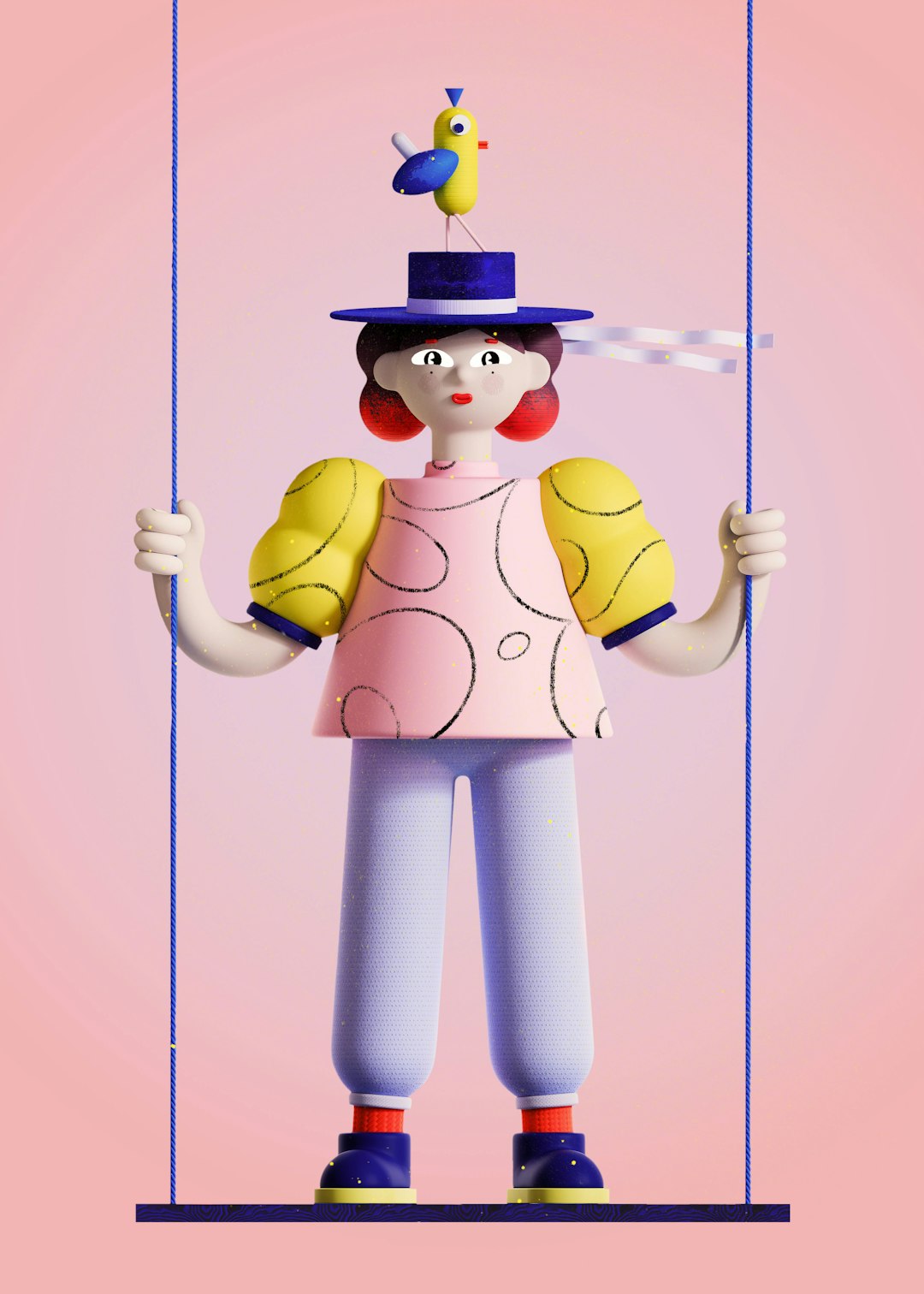 A whimsical character with a bird on a swing.