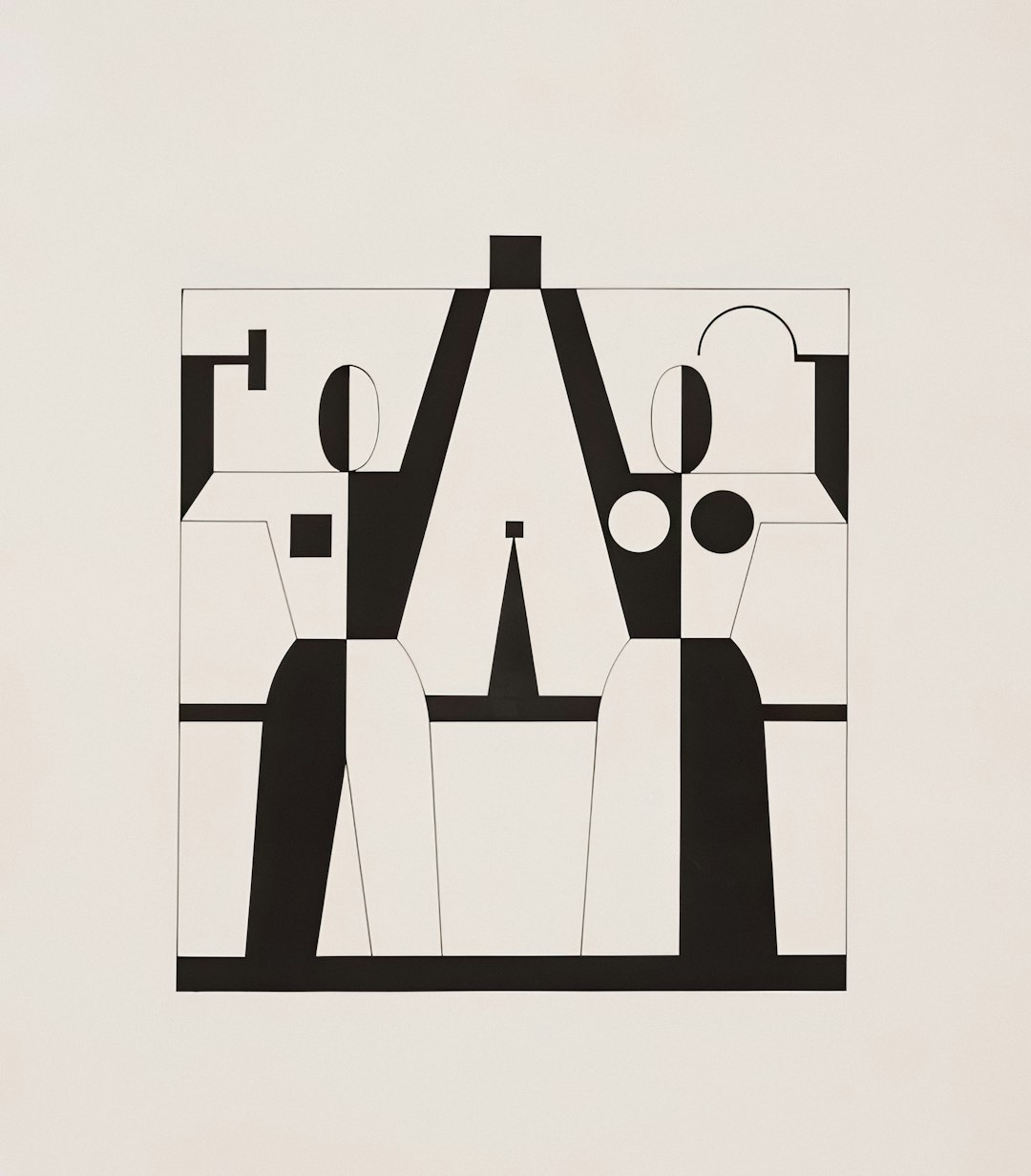 Abstract geometric figures with black and white elements.