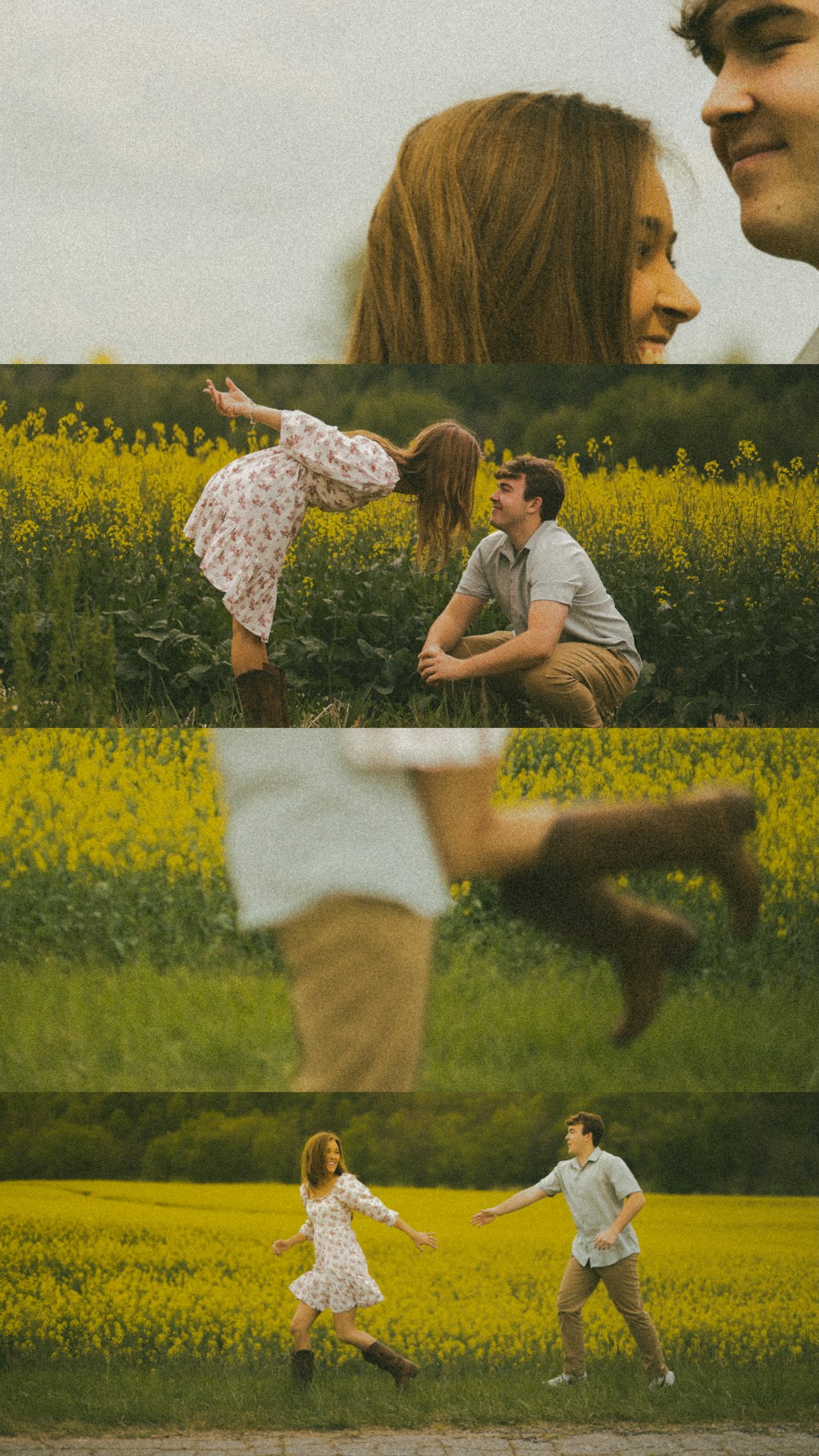 A couple plays and romps in a field of flowers.