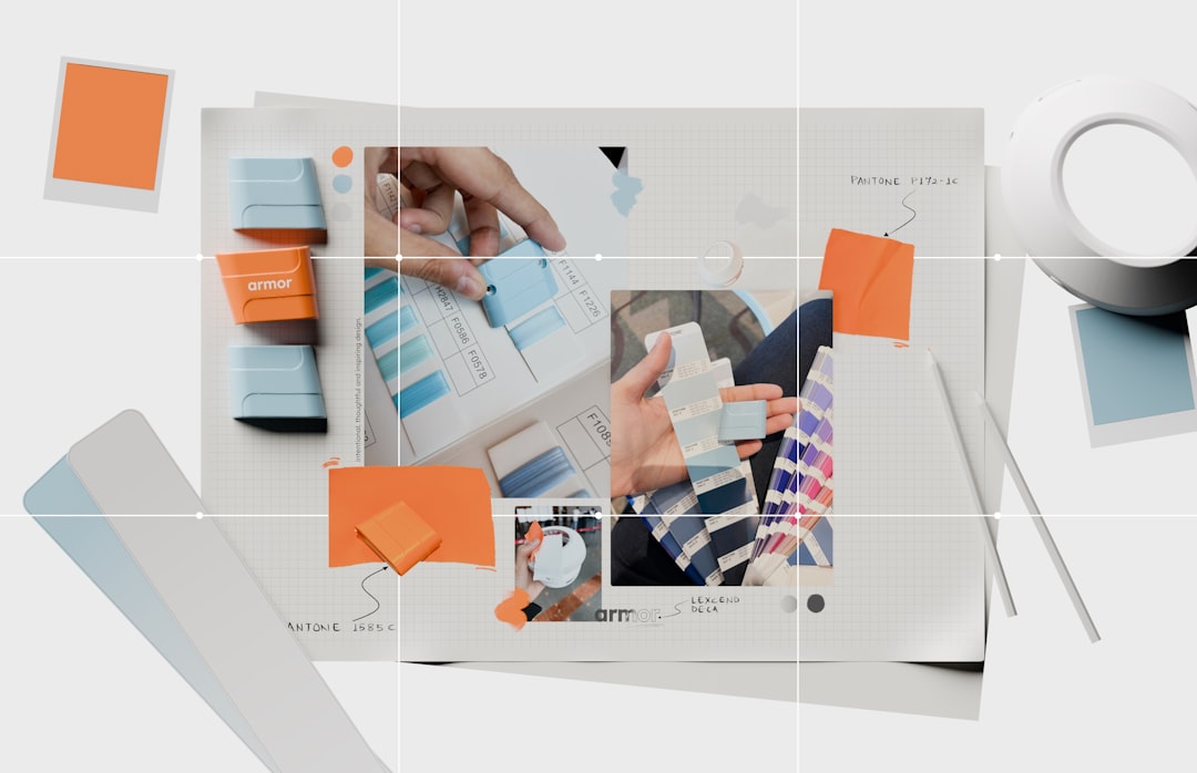 Design elements and materials are arranged on a table.