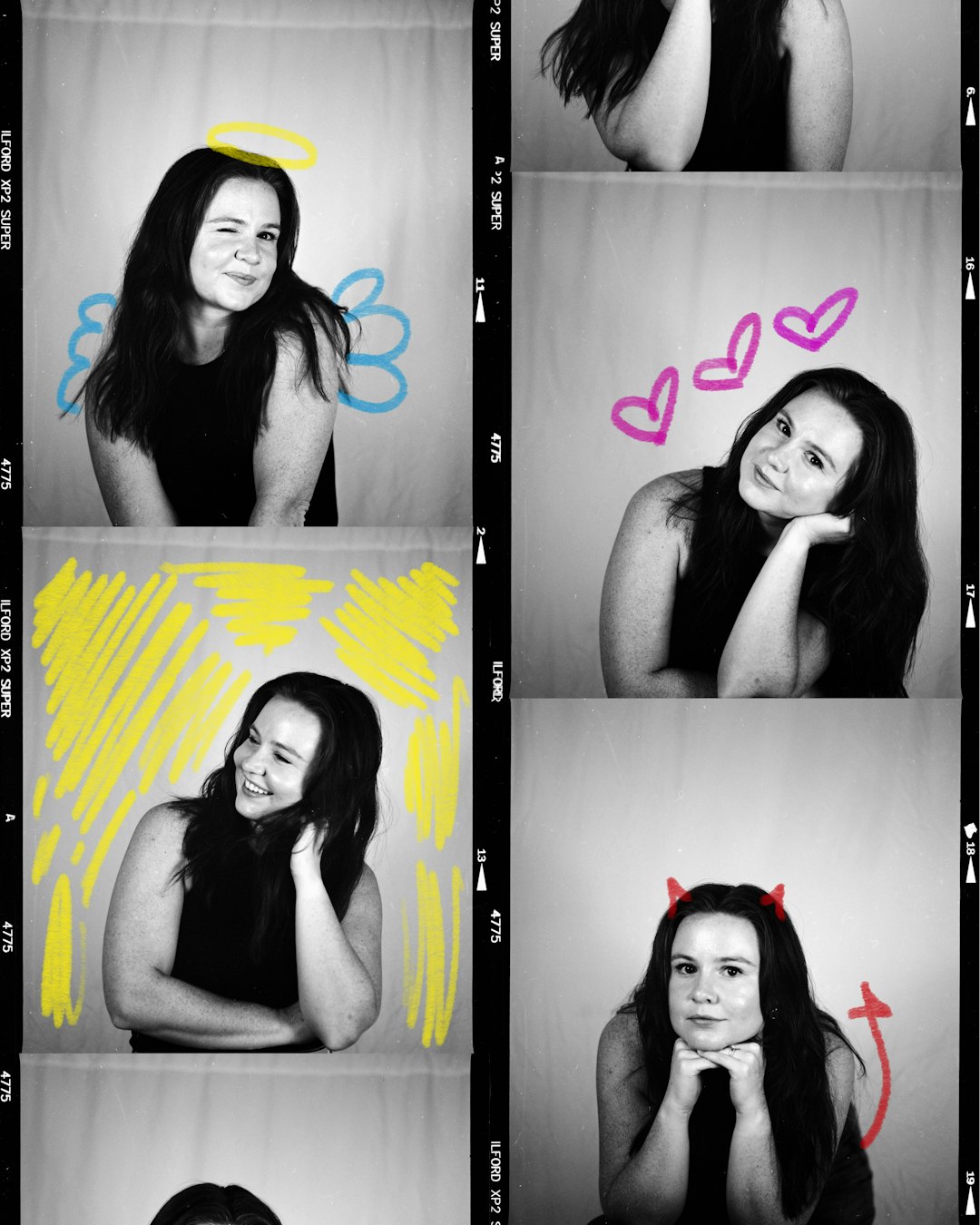 Woman with devil and angel drawings in photo booth strip