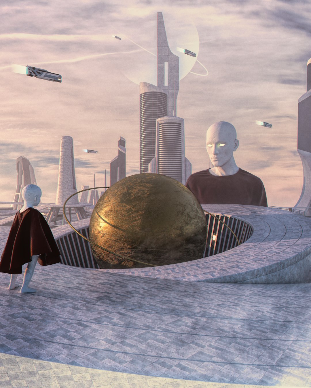 Futuristic city with large orb and figures