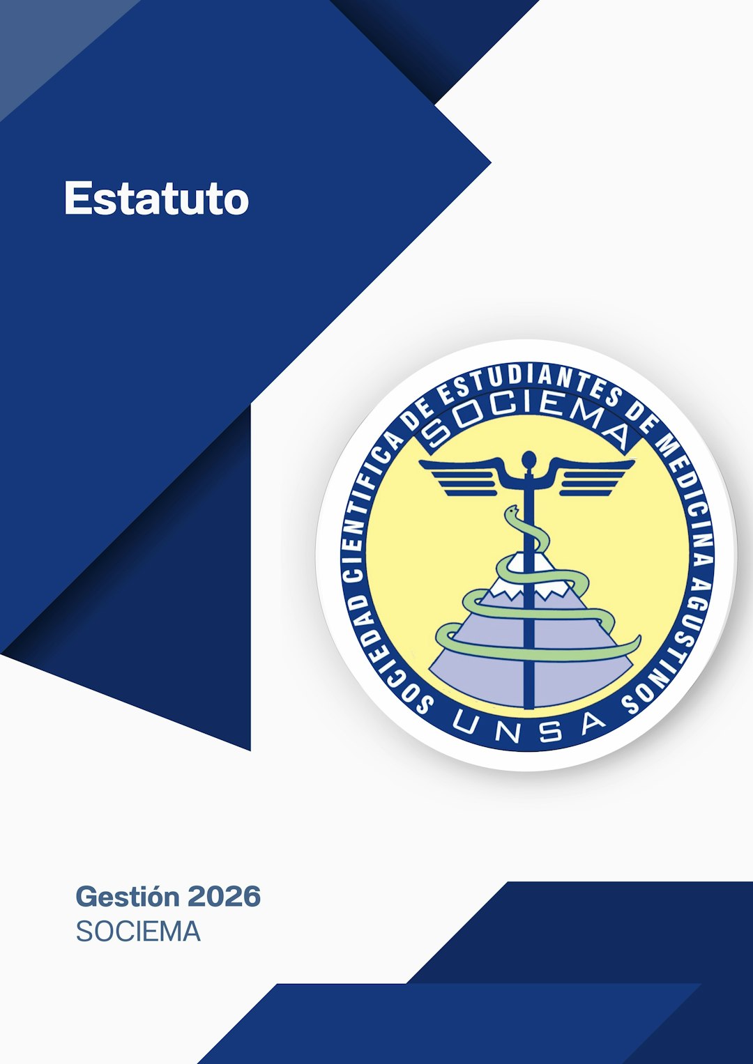 Book cover with blue geometric shapes and a circular emblem.