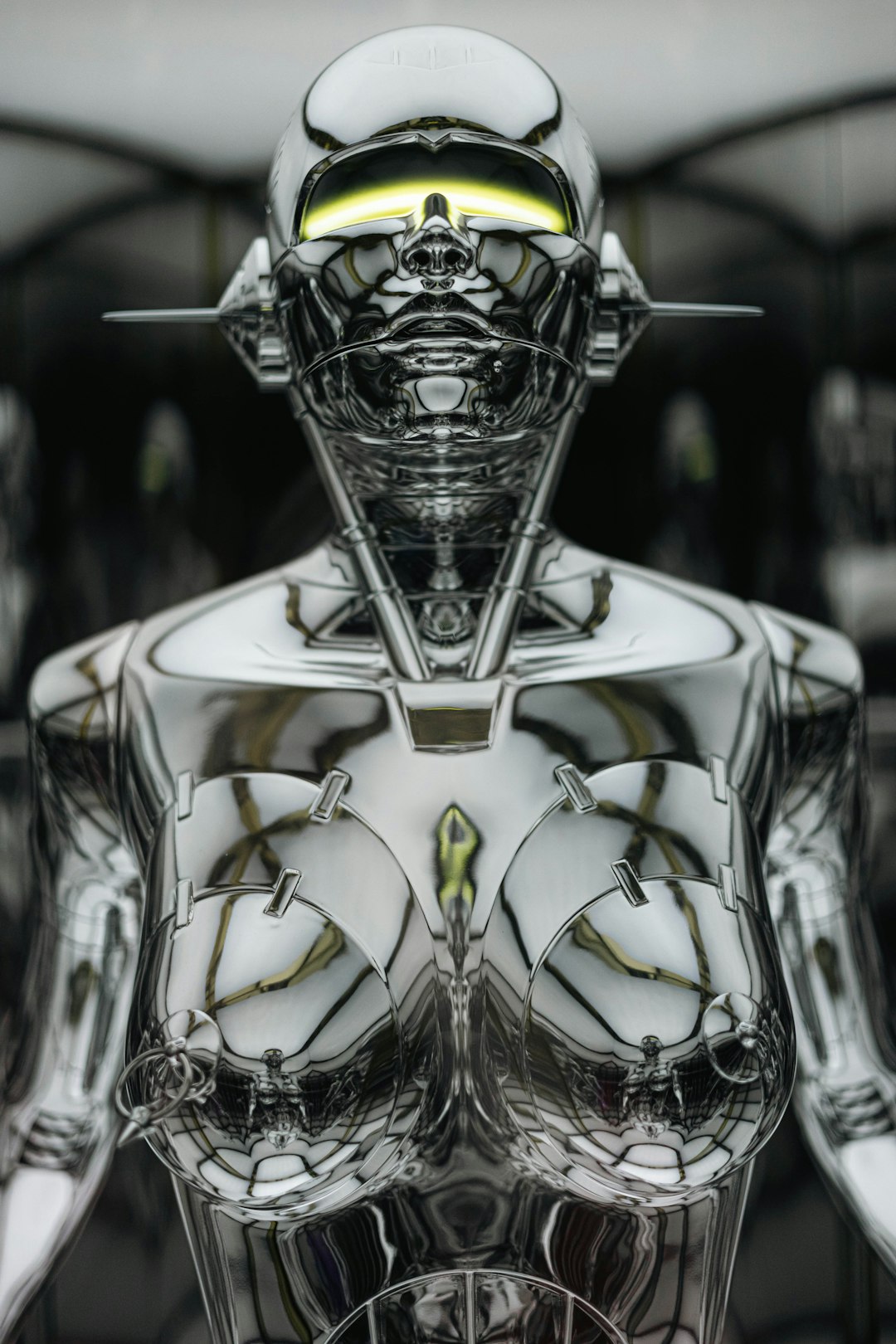 A gleaming chrome robot with yellow glowing eyes.