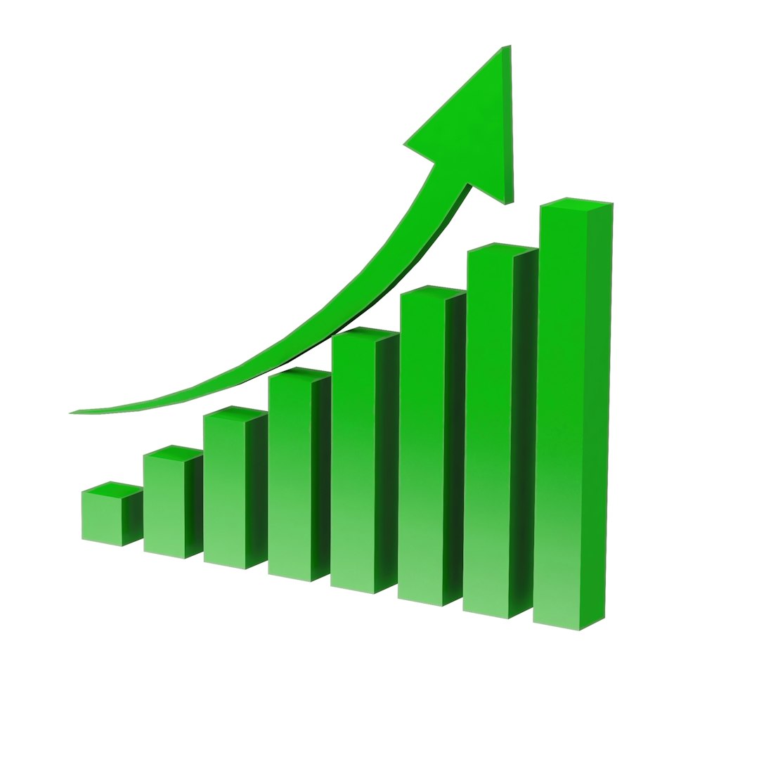 Green bar graph with upward trending arrow