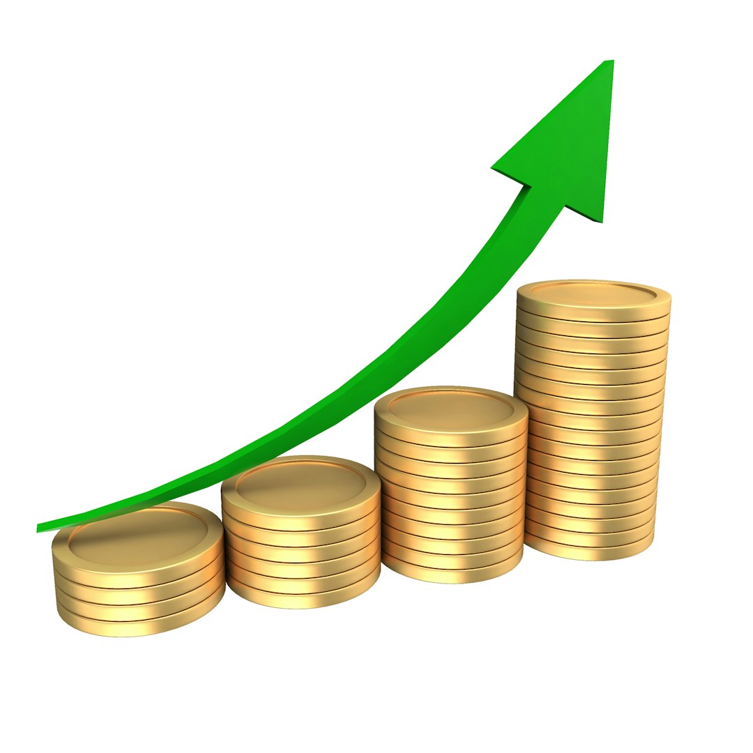 Stacks of coins with an upward trending green arrow